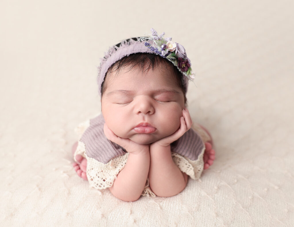 A newborn baby girl posed in a froggy position, showcasing her delicate features and tiny fingers, taken in a cozy photography studio.