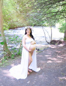 Mom to be posed at Maternity Session at Corbett's Glen Nature Park Rochester, NY.