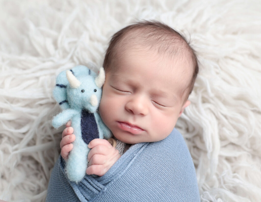 Cute newborn photography with a dinosaur prop